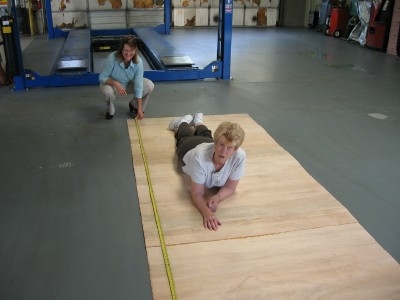 Paul's mom helping flatten out the headliner