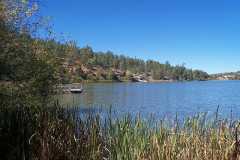 Floating railed dock on Lake Robert's southeastern shore in the Gila National Forest, New Mexico