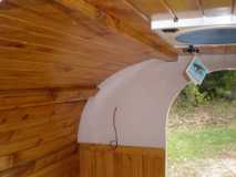 Interior paneling & hand-hewn beams.