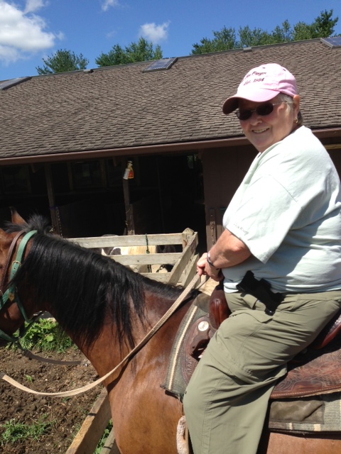 Verna after a 3 mile ride on Moe.JPG