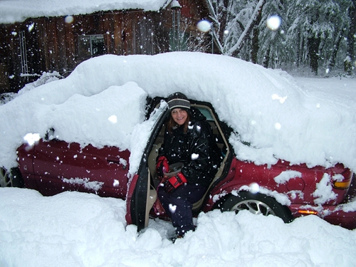 Olga in front of our house the day before the BIG snow came.