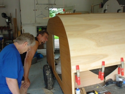 Bill and Helen checking out the birch plywood.  Thanks to a third set of hands the plywood passed the test, so far............