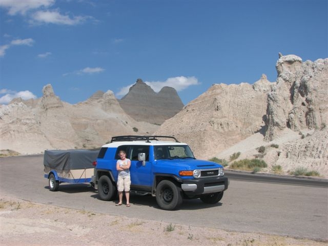 Tent trailer being towed in Badlands