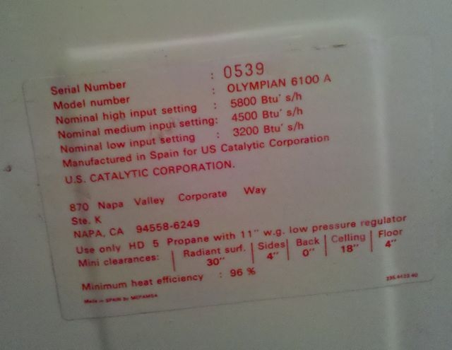 Olympian Catalytic Heater Label