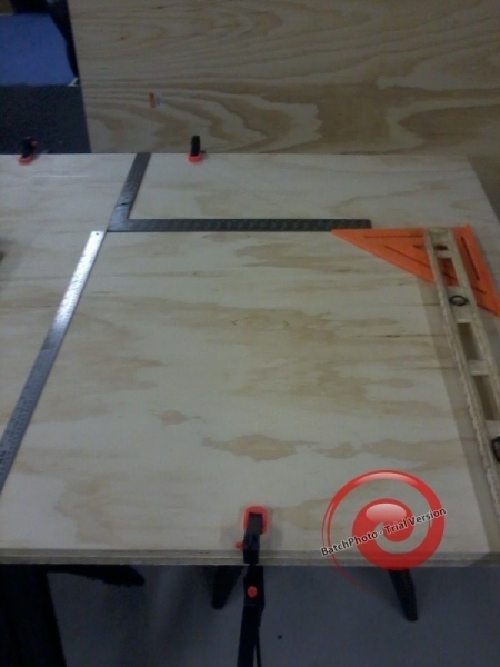 side cut layout in progress / 23/32" cabinet grade ply above floor