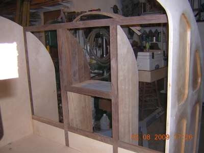 View from Right Side door of Forward cabinets with walnut trim and paneling