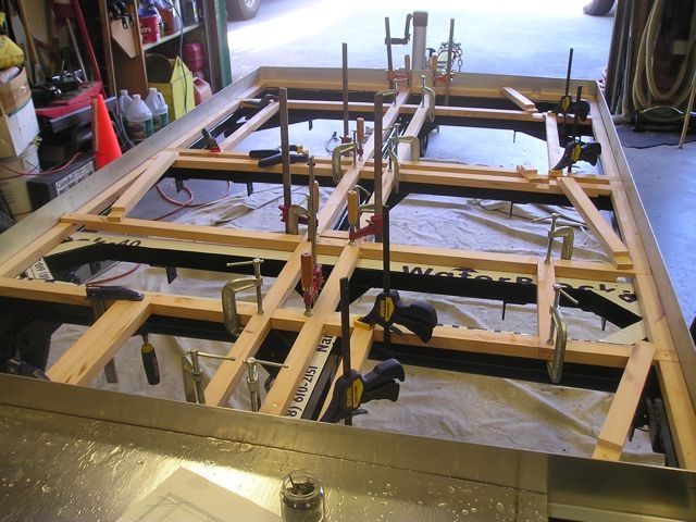 Floor core-box framework being laid out.  All VG fir faming w/1/2" Baltic Birch ply floor