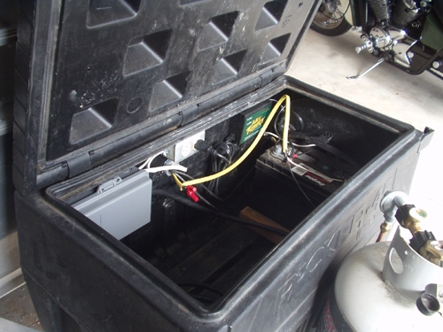 Front tool box for electrical, battery, charger, tools, etc.