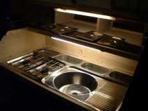 galley, with stainless storage bins
